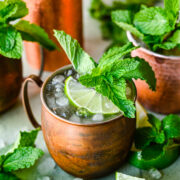 Front view of kentucky mule with lime and mint garnish.