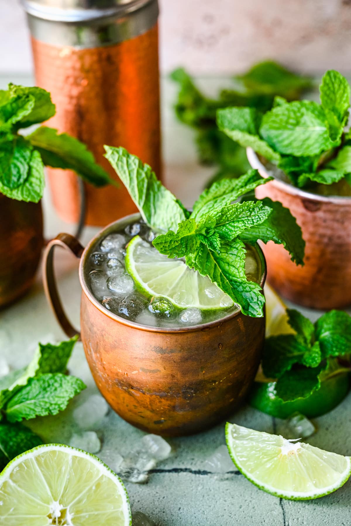 Front view of kentucky mule with lime and mint garnish.