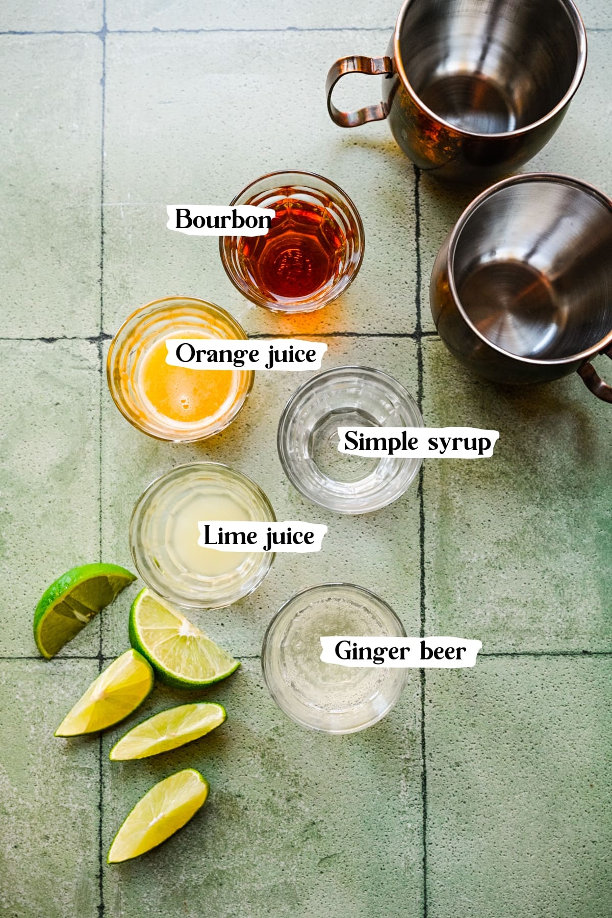 Overhead view of kentucky mule ingredients.