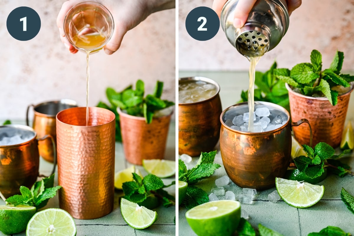 On the left: adding bourbon to cocktail shaker. On the right: adding the rest of the ingredients. 