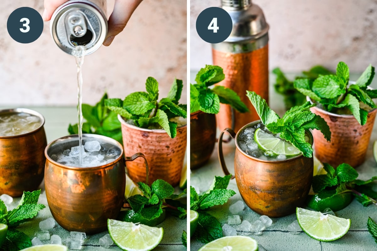 On the left: topping with sparkling water. On the right: finished cocktail in a copper mug.