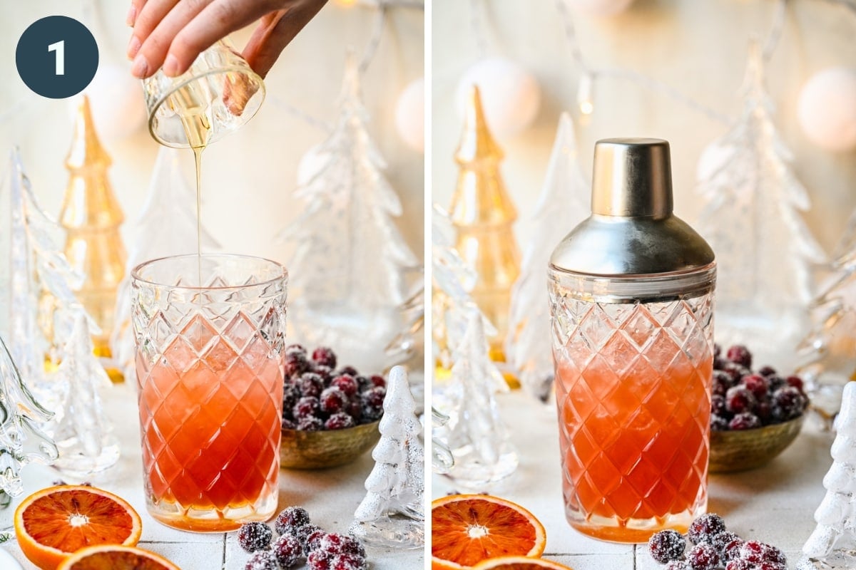 Adding ingredients to cocktail shaker.