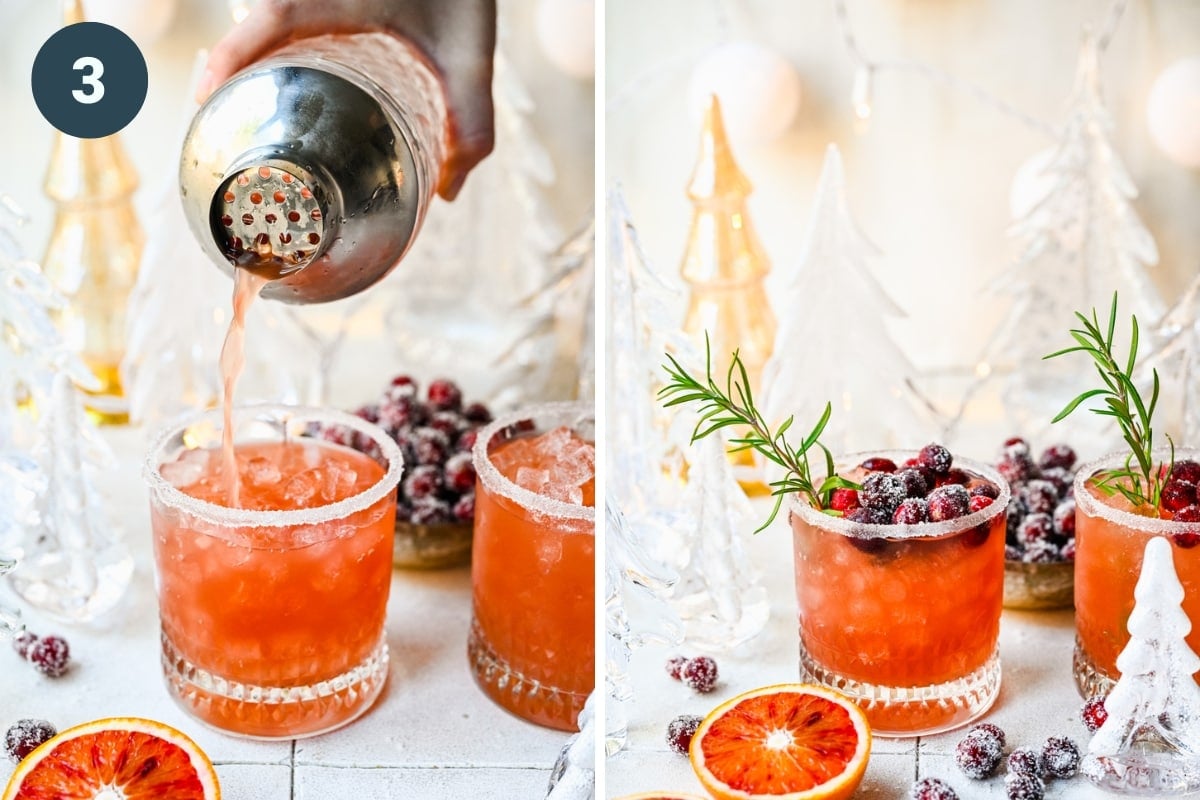 Pouring cocktail into a sugar rimmed glass.