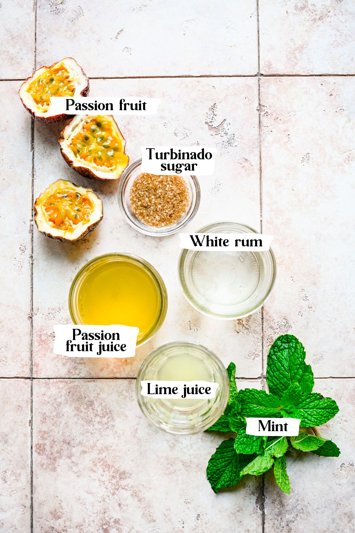 Passion fruit mojito ingredients including mint and lime juice.