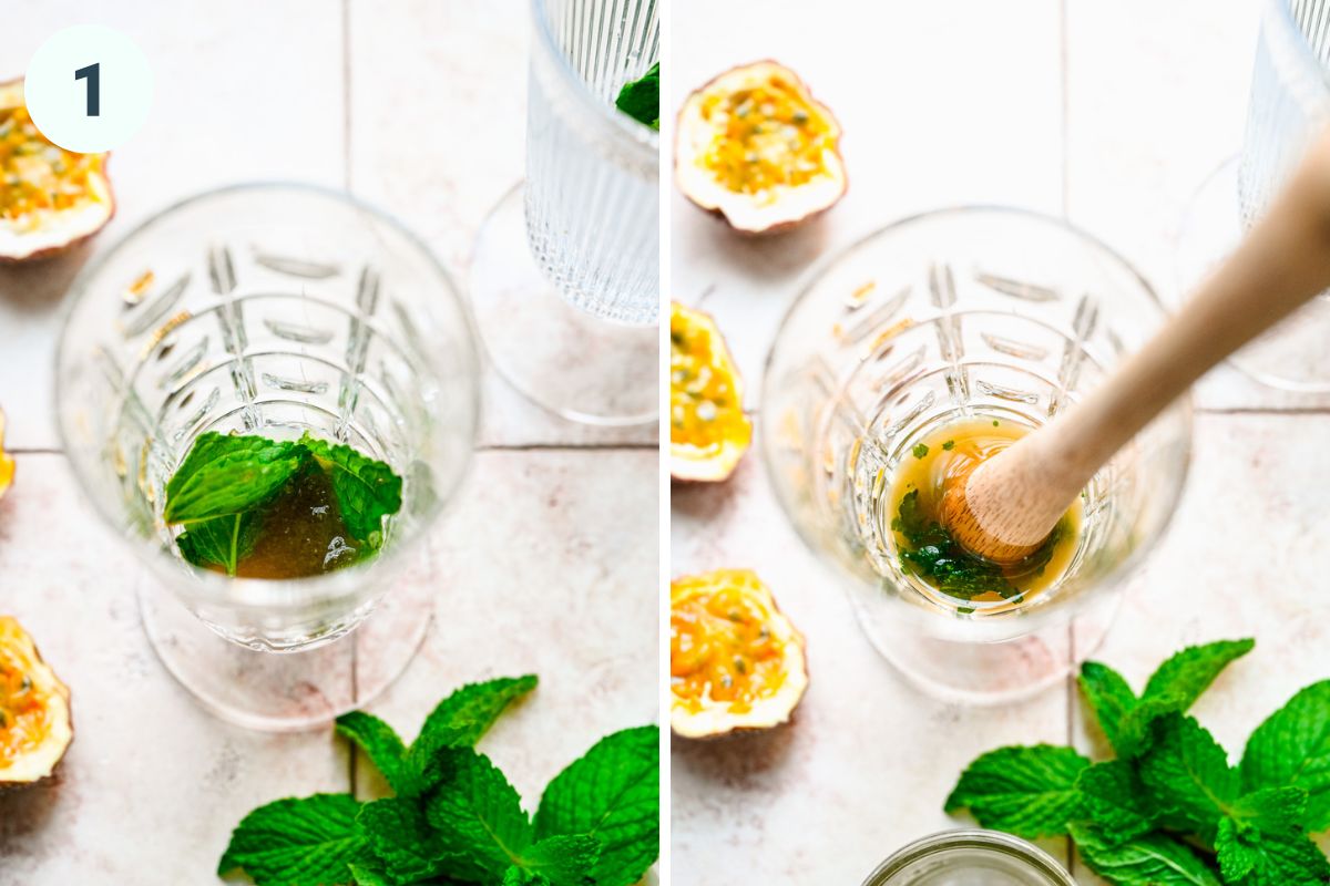 Muddling the sugar, lime, and mint together in the bottom of the glass.