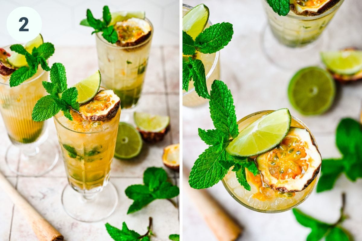 Finished passion fruit mojitos: left is front view, right is overhead view.