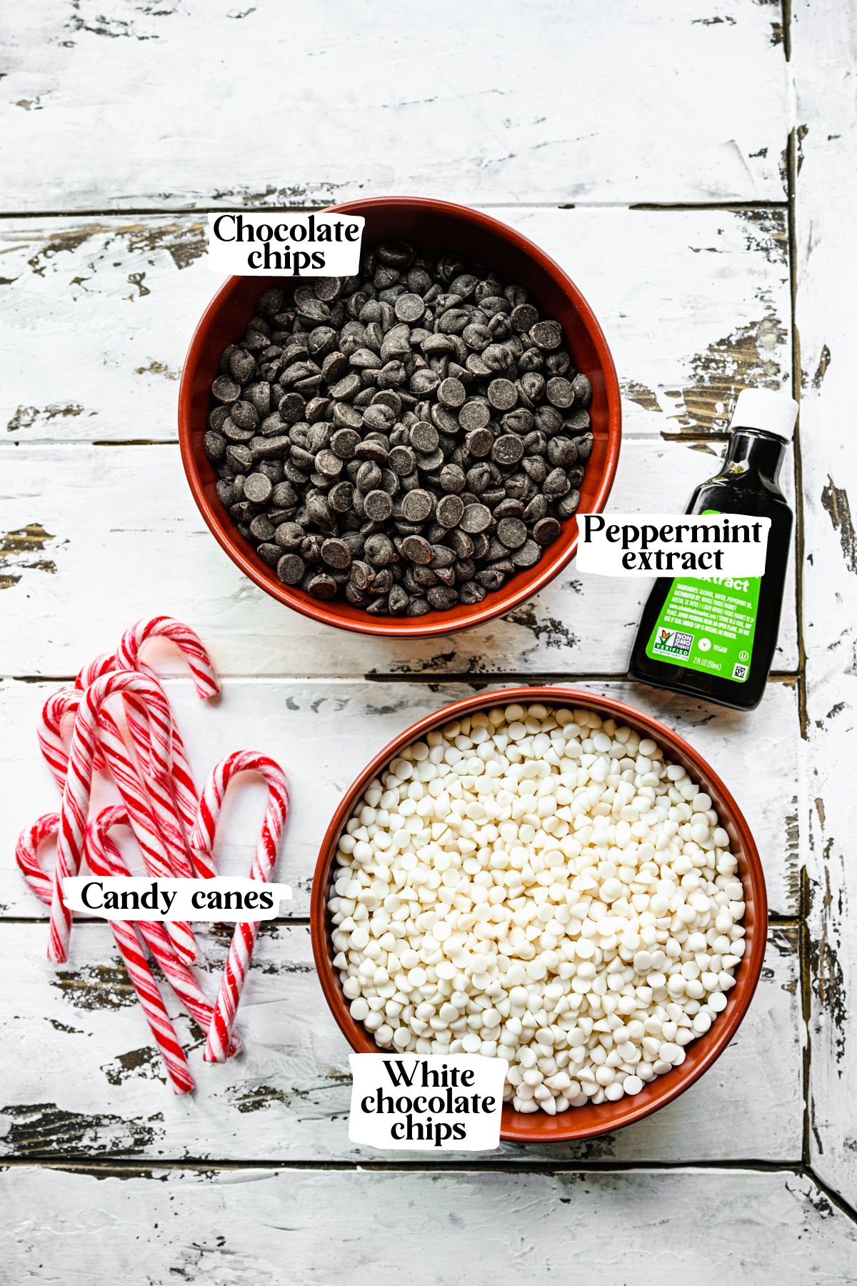 Peppermint bark ingredients including chocolate chips and candy canes.