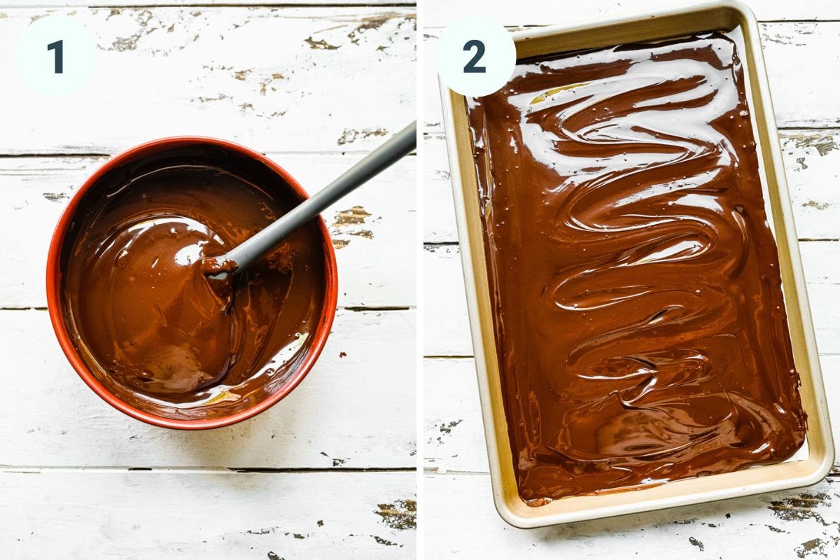 Left: melted chocolate in a bowl. Right: melted chocolate spread on pan.