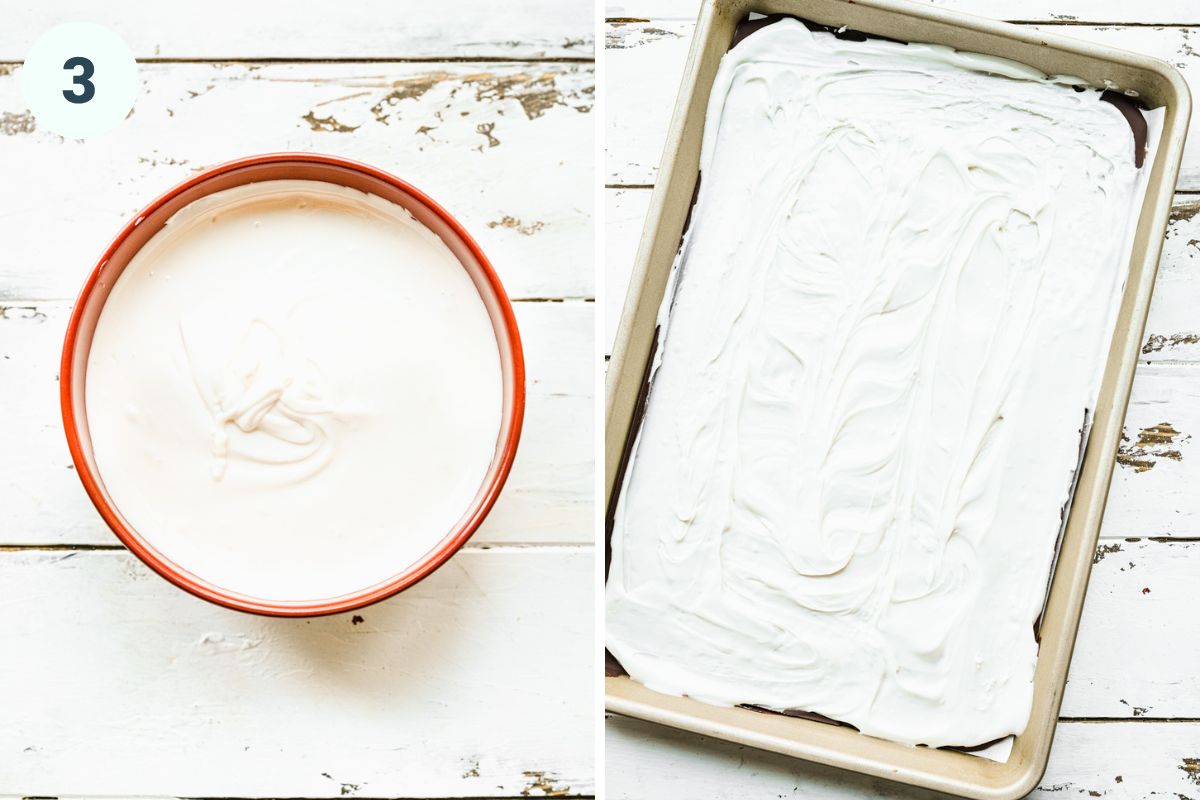 Left: melted white chocolate in a bowl. Right: melted white chocolate spread on pan.