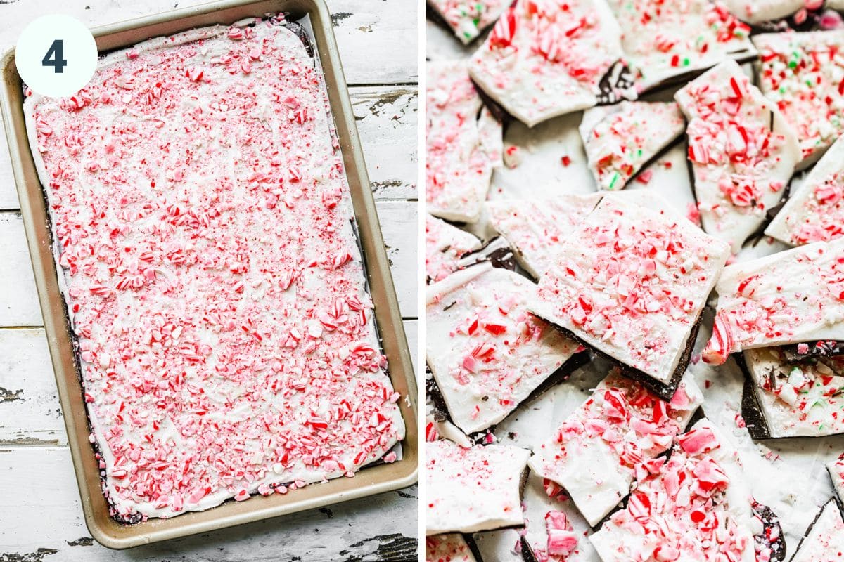 Left: sprinkled candy cane on top of chocolate. Right: breaking bark into pieces.