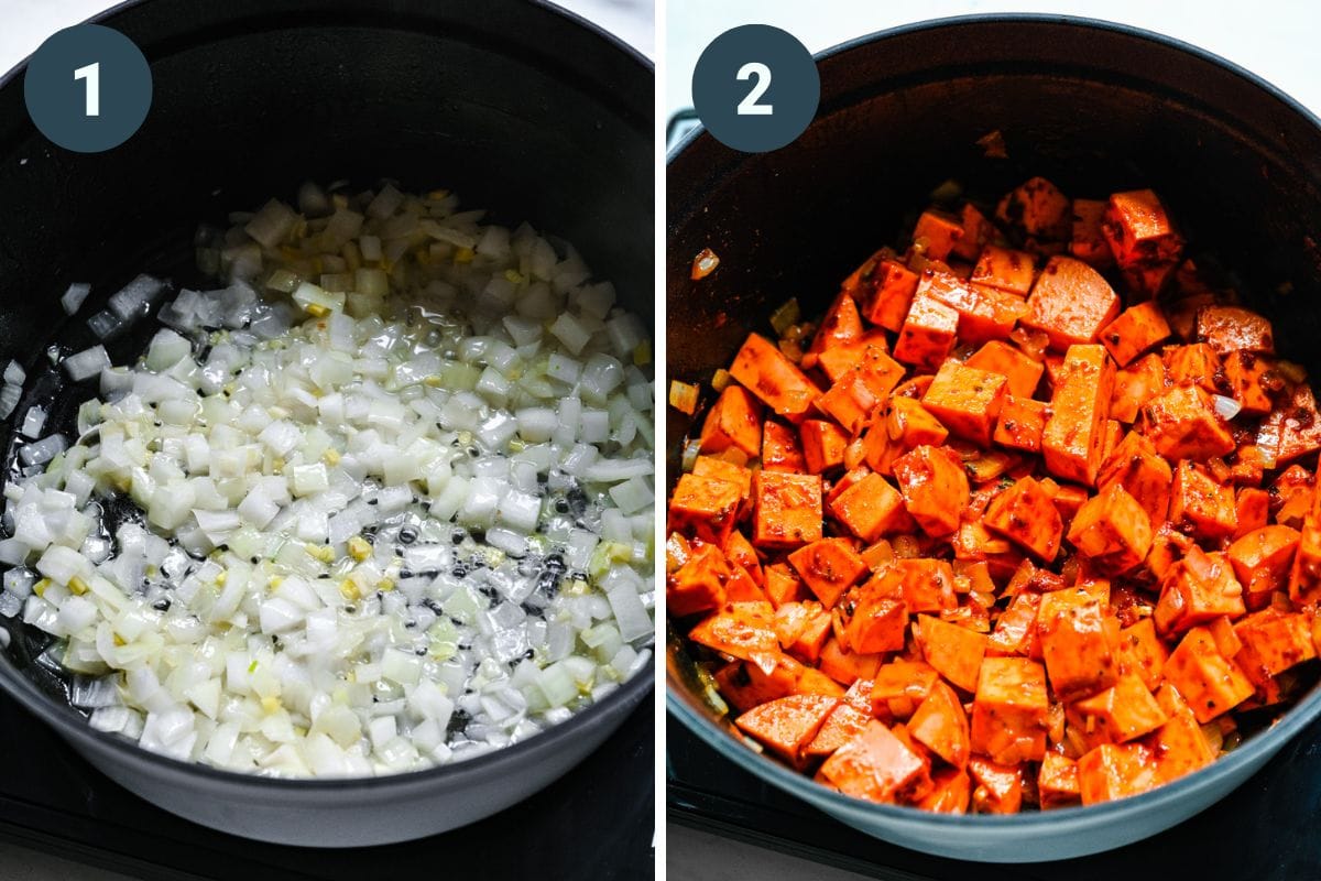 Left: onions and garlic in a pot. Right: adding in sweet potatoes and other spices.