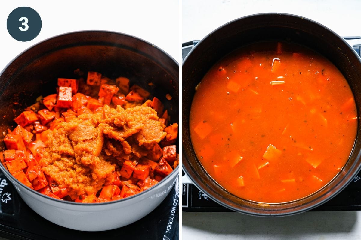 Left: adding pumpkin into the soup. Right: adding the liquids into the pot.