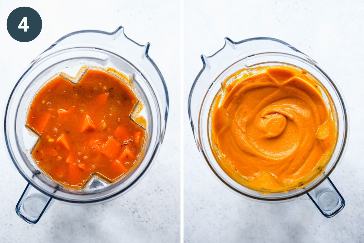 Left: soup in blender. Right: blended soup in blender.