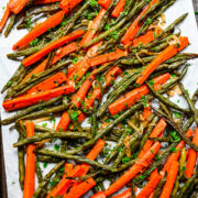 Close up of the finished roasted green beans and carrots.