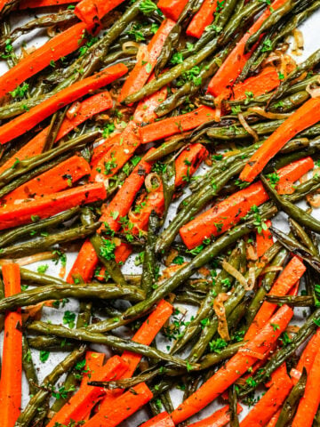 Close up of the finished roasted green beans and carrots.