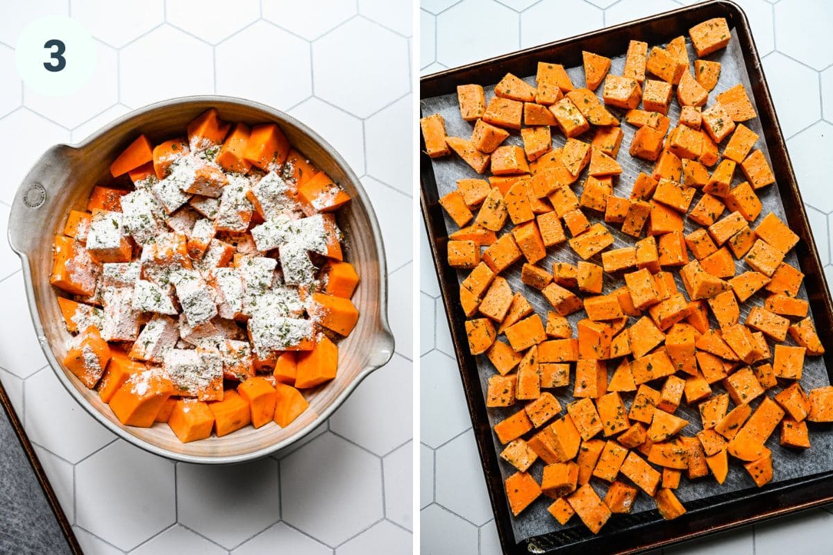 Left: tossing the potatoes in the mixture. Right: potatoes on a baking sheet.