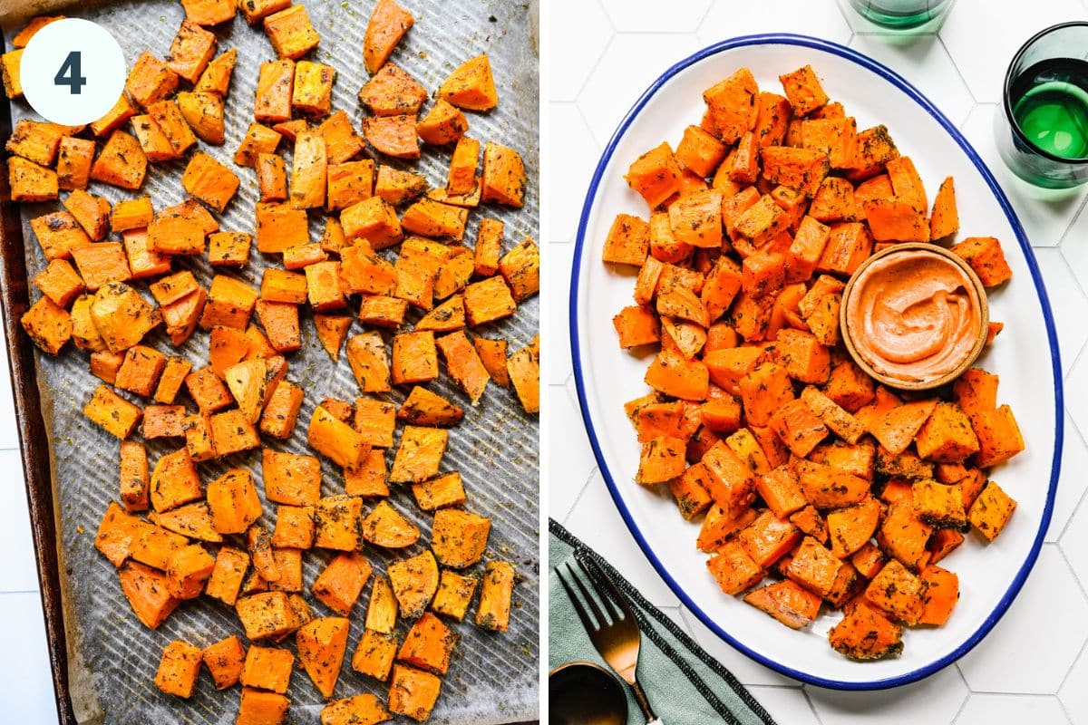 Left: potatoes roasted on the baking sheet. Right: finished sweet potatoes.