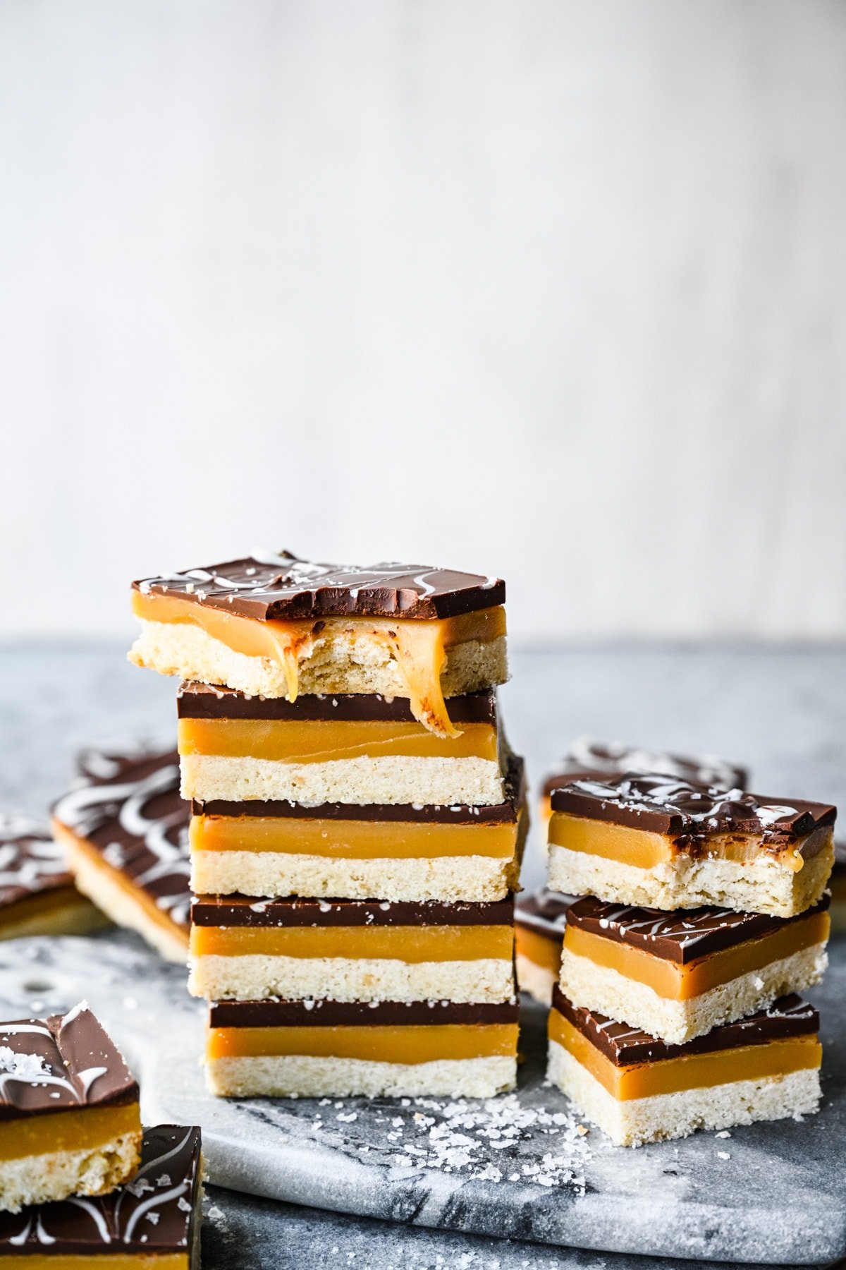 Finished stack of millionaires shortbread showing all the layers.
