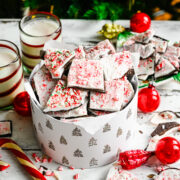 Close up of finished peppermint bark in a gift basket.