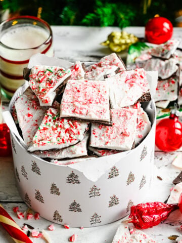 Close up of finished peppermint bark in a gift basket.