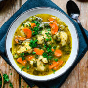 Close up of the finished vegetable dumpling soup in a bowl.