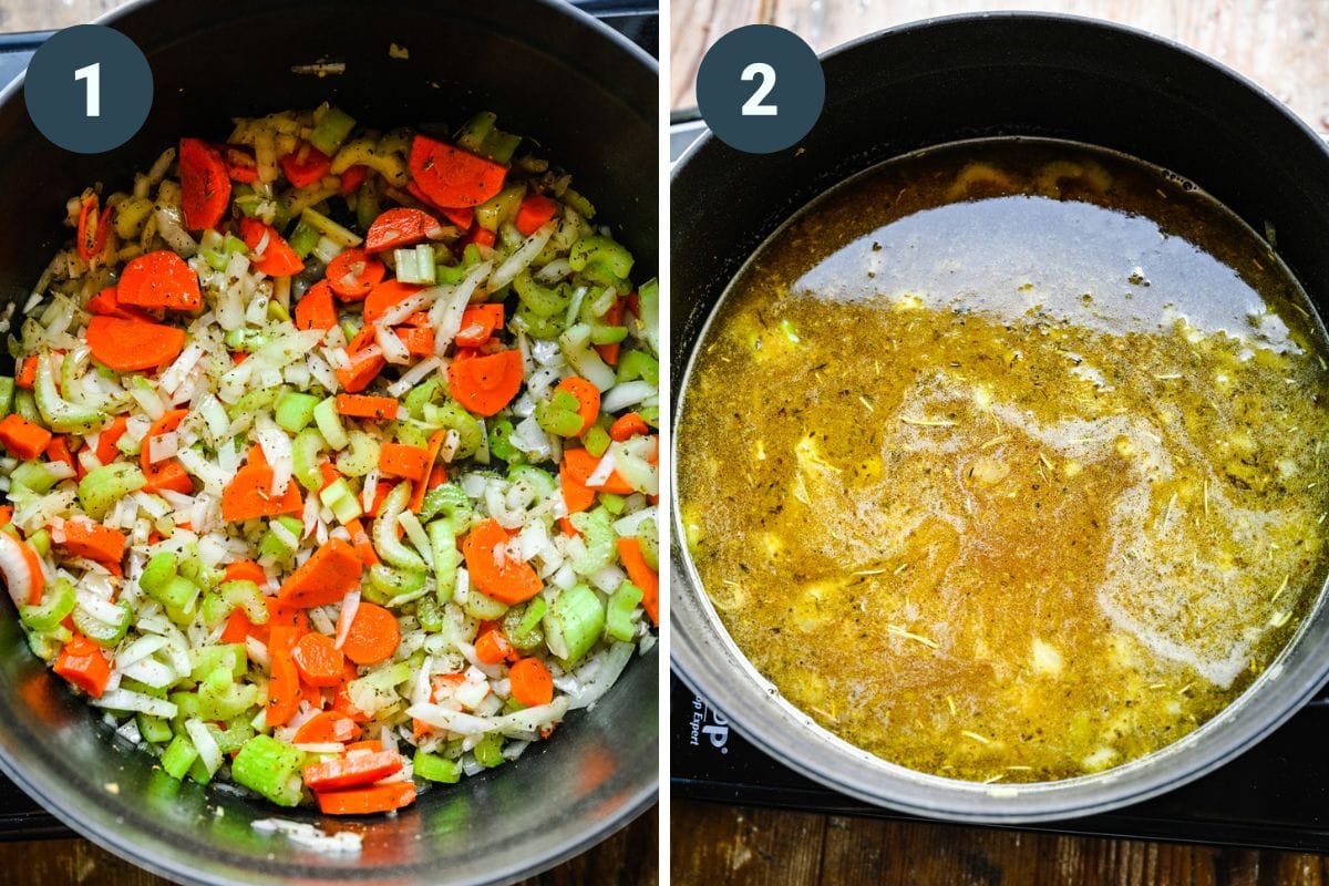 Left: veggies in the soup pot. Right: adding the broth in.
