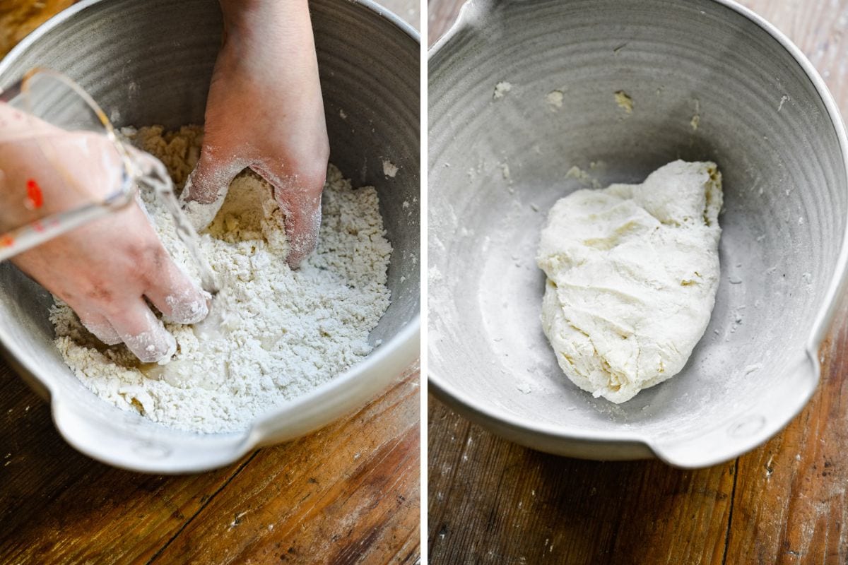 Left: kneading the dumpling dough. Right: finished dough.