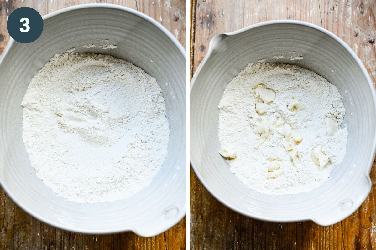 Left: mixing dry dumpling ingredients together. Right: adding butter cubes in.