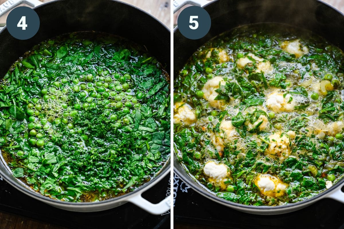 Left: adding the greens into the soup. Right: adding the dumplings in.