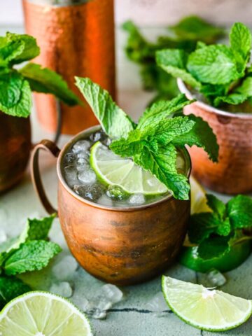 Front view of kentucky mule with lime and mint garnish.