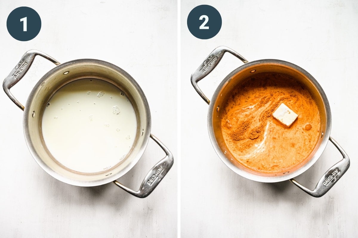 Milk, butter, cinnamon, cornstarch and vanilla in a saucepan to make a custard sauce.