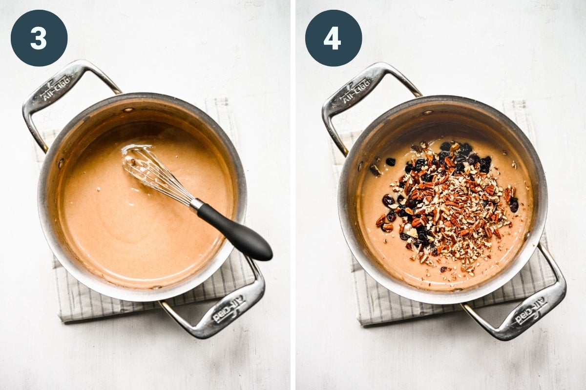 Vegan custard before and after adding in dried fruit and nuts. 