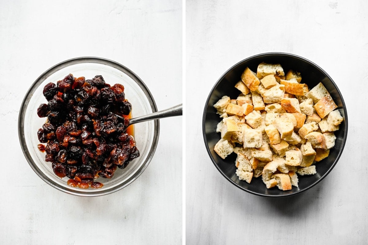 on the left: dried cranberries soaking in bourbon. on the right: cubed bread in a large bowl.