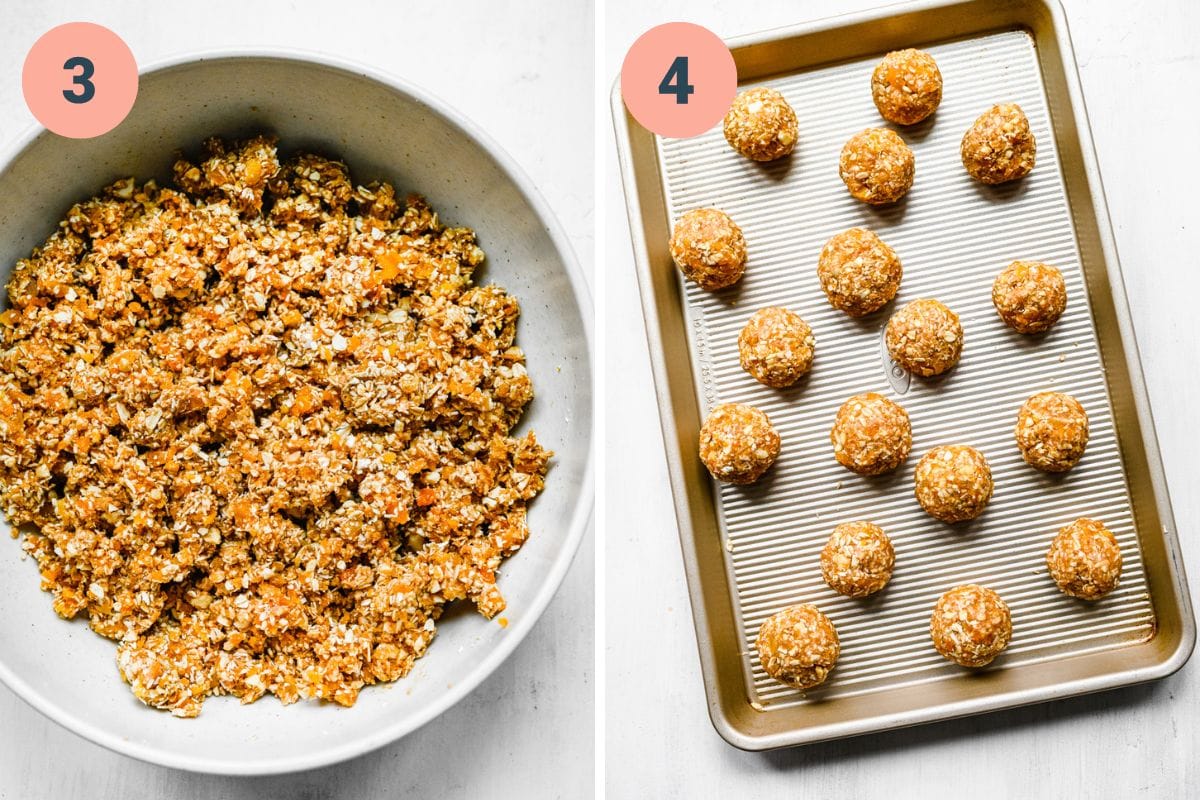 Left: oat mixture in a bowl. Right: mixture rolled into balls.