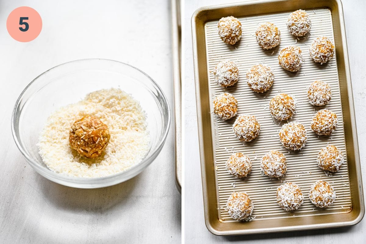 Left: rolling the balls in coconut. Right: finished bliss balls on a tray.