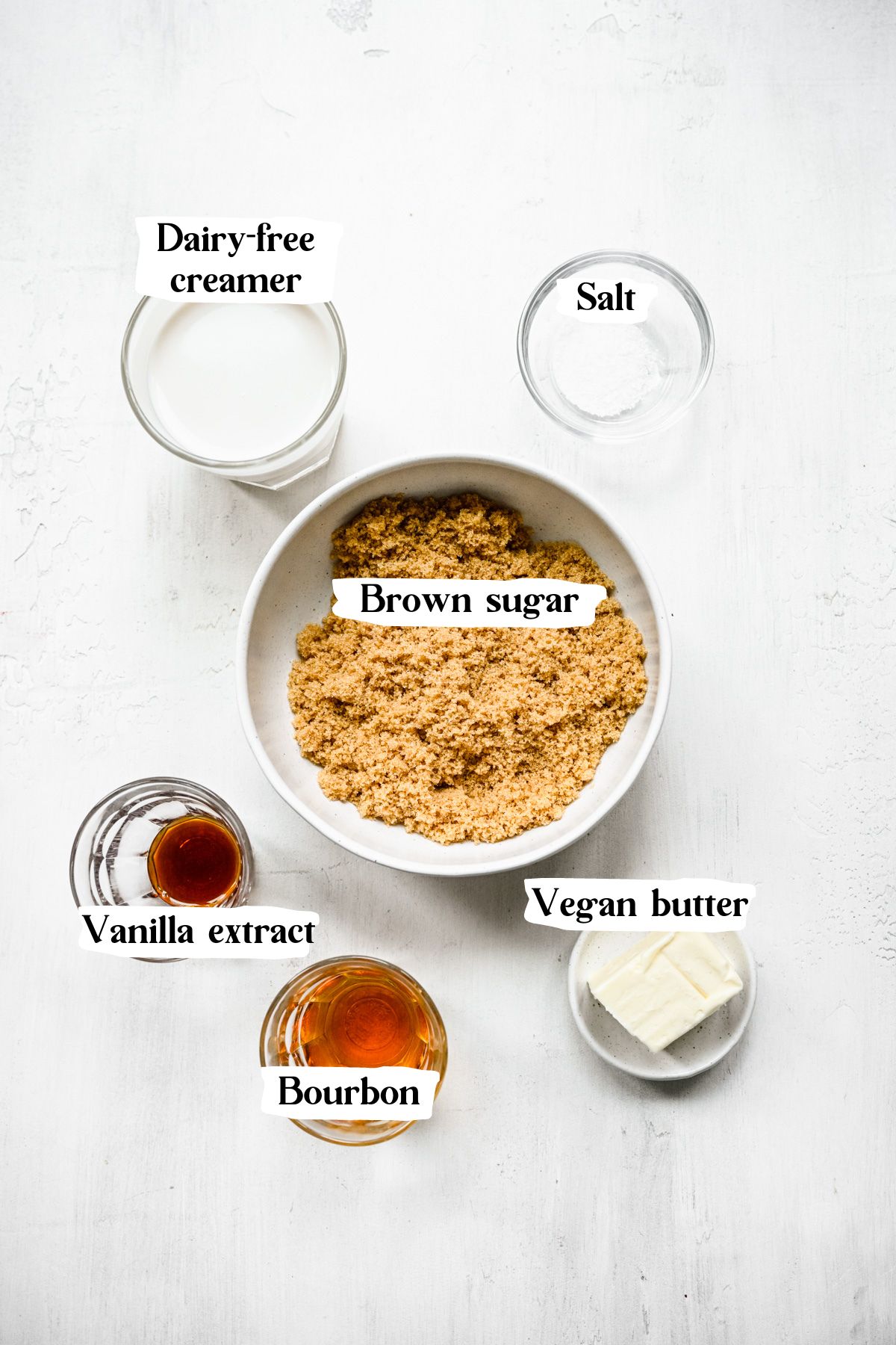 Bread pudding sauce ingredients including brown sugar and bourbon.