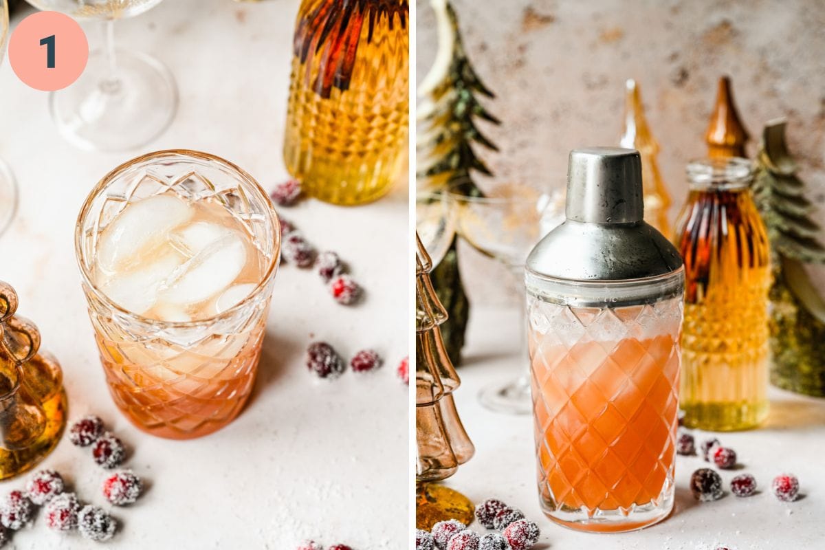 Left: mocktail ingredients in a shaker. Right: shaker with lid on.