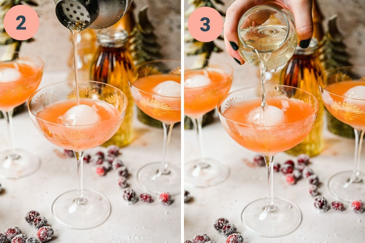 Left: pouring the mocktail over ice. Right: topping the mocktail with ginger beer.