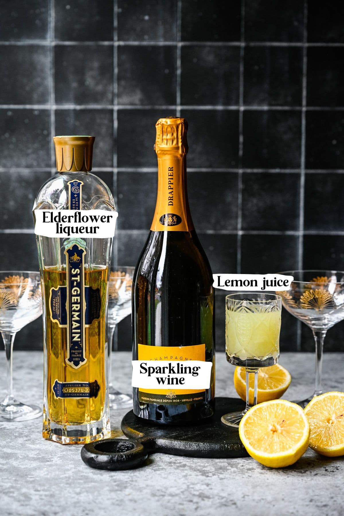 French 77 ingredients including sparkling wine and lemon juice.
