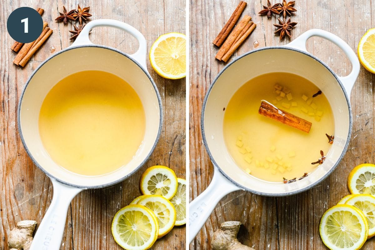 Left: hot toddy liquids. Right: adding the spices in.