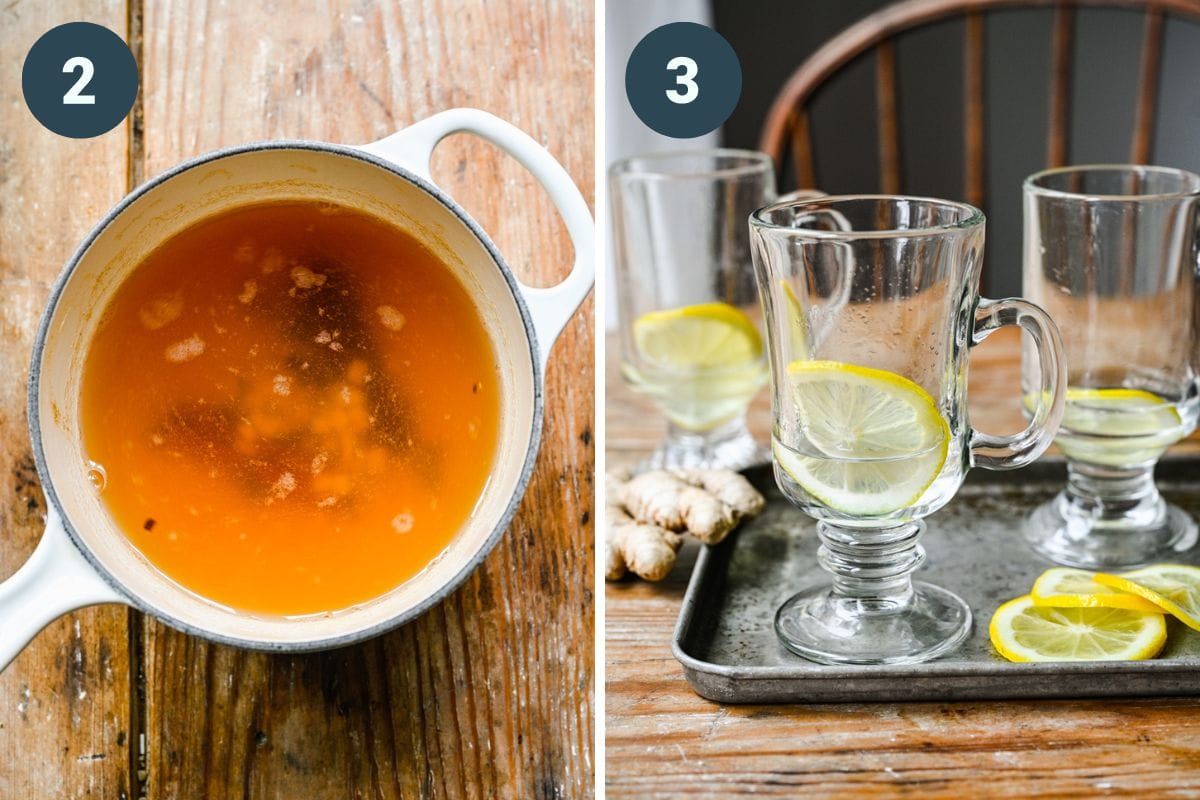 Left: heated hot toddy in saucepan. Right: warming the mugs.