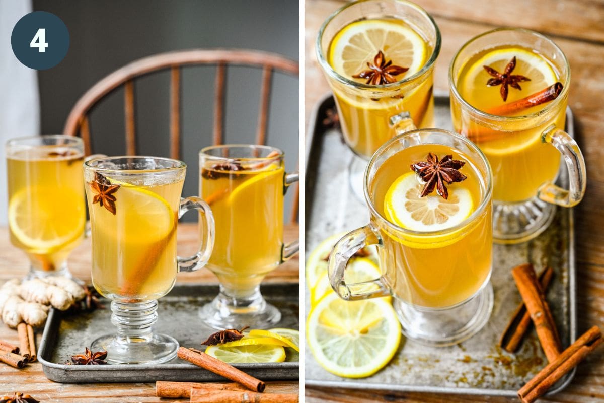 Finished hot toddy cocktails in glass mugs.