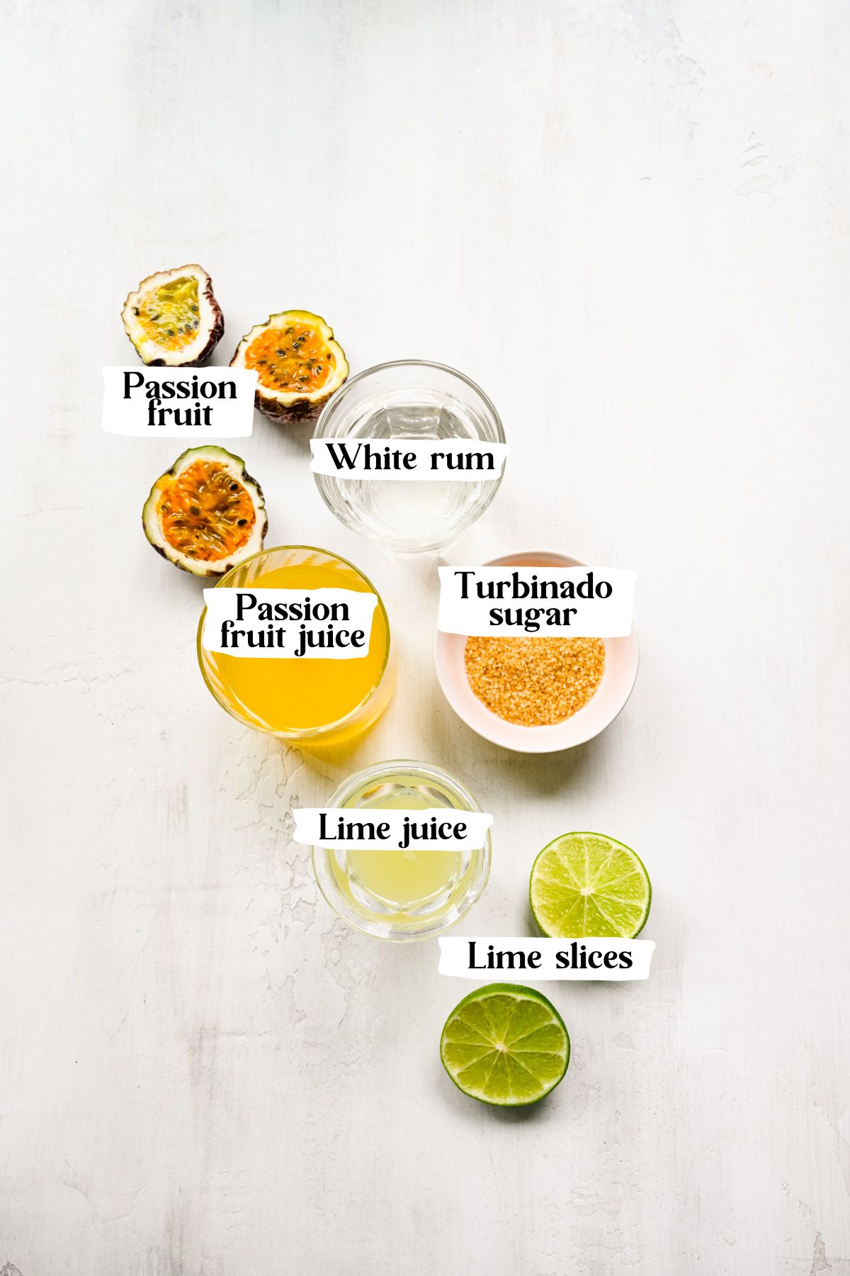 Passion fruit daiquiri ingredients including white rum and lime juice.