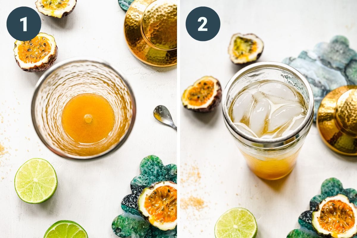Left: muddling the sugar. Right: adding the cocktail ingredients into the shaker.