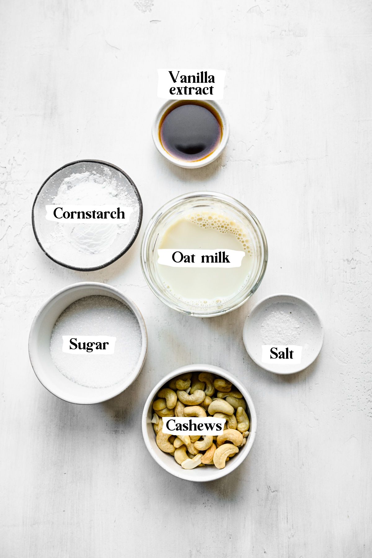 Vegan vanilla pudding ingredients including oat milk and cashews.