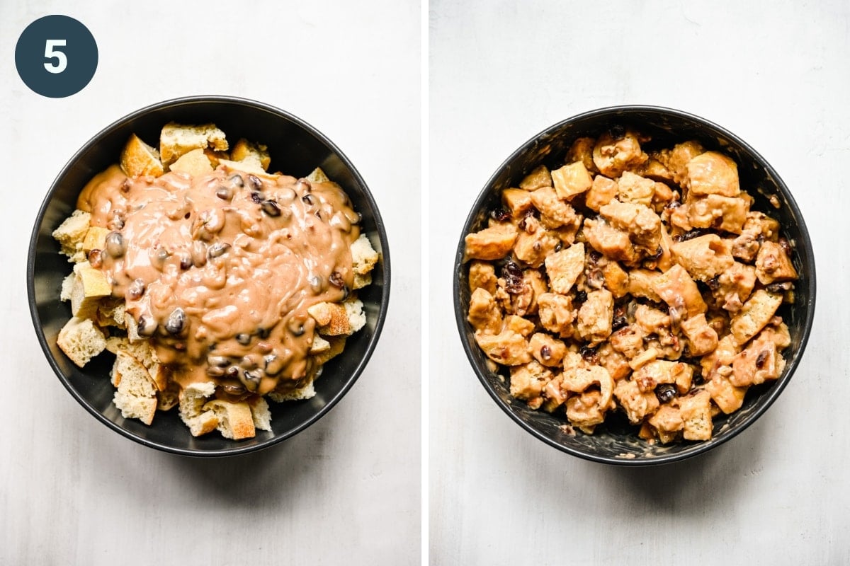 Before and after stirring together bread cubes and vegan custard.