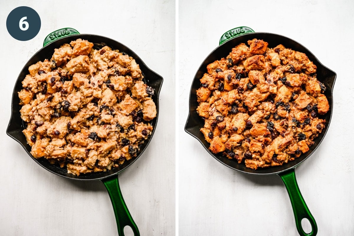 Before and after baking vegan bread pudding in a cast iron skillet.