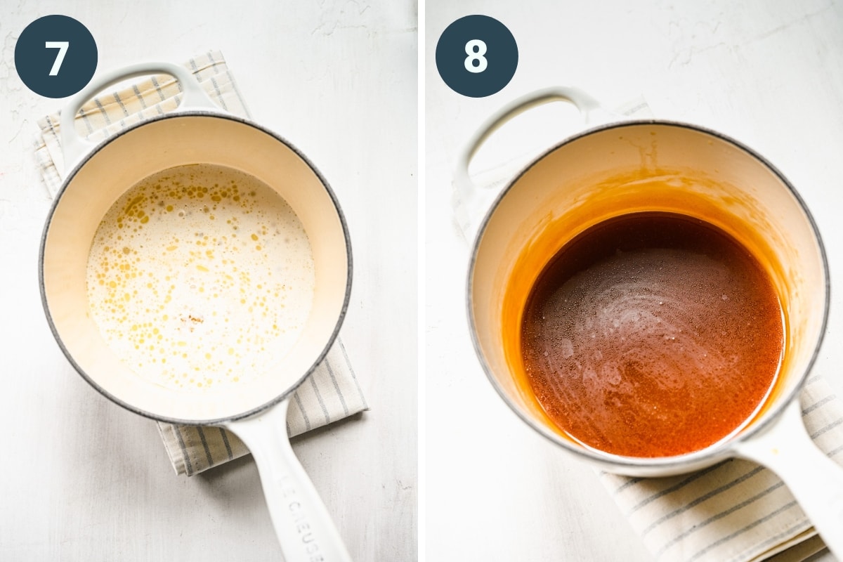 Before and after vanilla bourbon sauce has been cooked in a small saucepan.