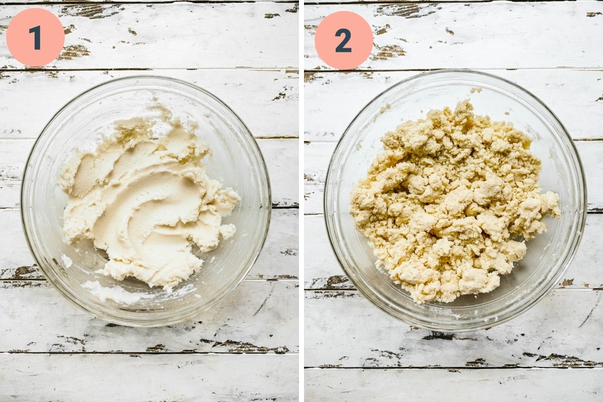 On the left: creamed butter and sugar in bowl. on the right: after adding in flour to the dough.