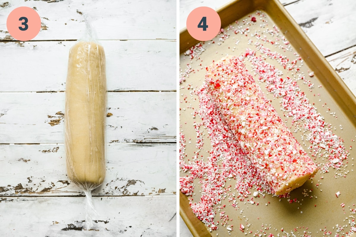 Before and after rolling a log of cookie dough in sprinkles.